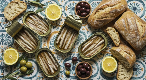 Fototapeta Assortment of Sardine Cans, Bread, Olives, and Lemon Slices on a Patterned Cloth