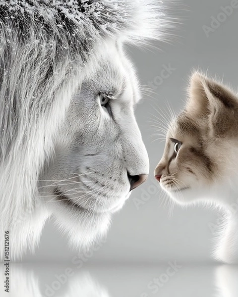 Obraz Lion and Cat Nose to Nose Gentle Encounter