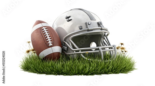 Fototapeta 3D icon of a football and helmet on grass, white background