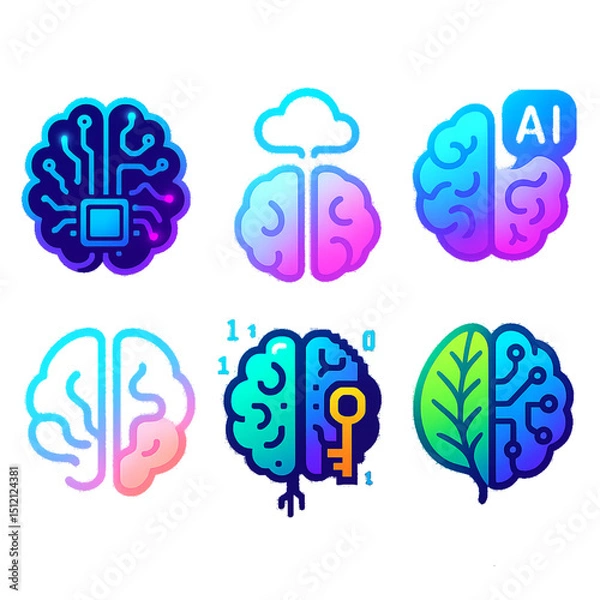Fototapeta Futuristic AI Brain Icon Set – Neon, Pixel, Nature-Tech Styles (Transparent PNG)