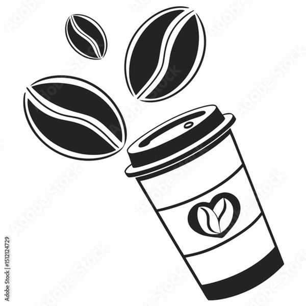 Fototapeta a coffee cup with coffee beans coming out of it and a heart on the side of the cup, with the coffee beans coming out of the cup