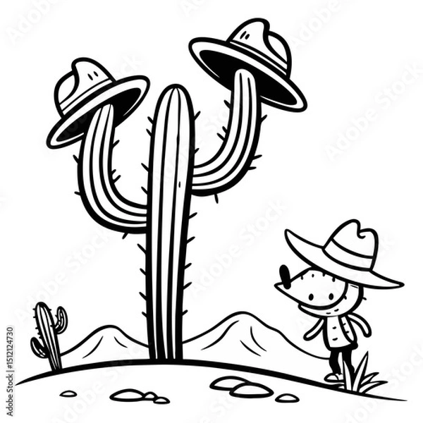 Fototapeta a cactus and a cowboy hat in the desert coloring page for kids and adults, with a boy looking at a cactus
