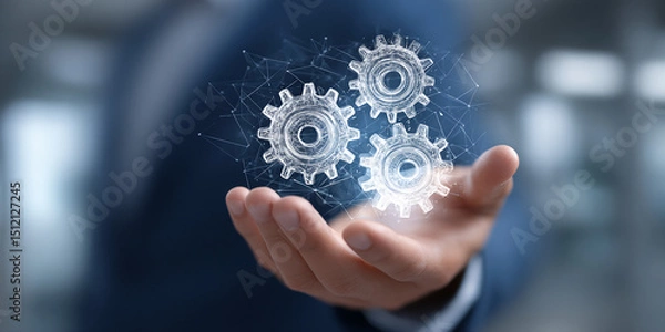 Obraz Hand holding three digital gears, interconnected by a network, symbolizing teamwork, synergy, and efficient workflow in business process