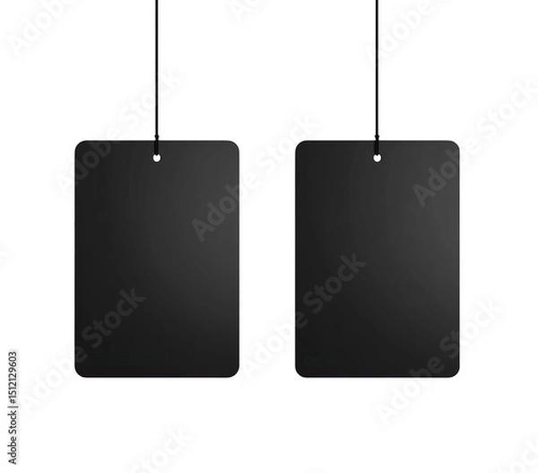 Obraz Two black rectangular air fresheners hang by strings