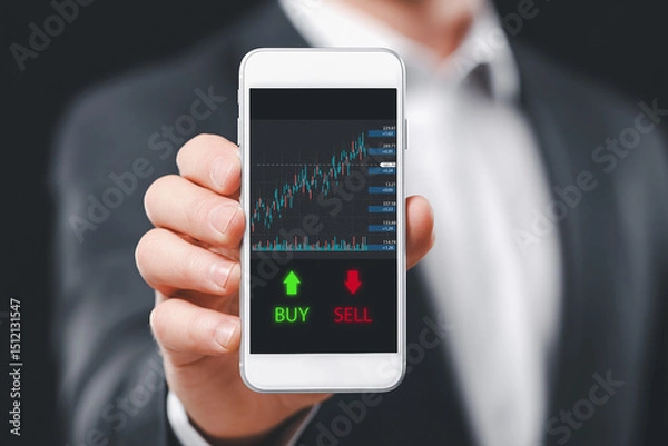 Fototapeta Businessman shows data screen smartphone chart stock market investment.