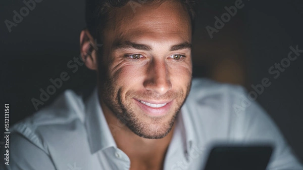 Fototapeta Smiling businessman using smartphone at night with bokeh lights background.