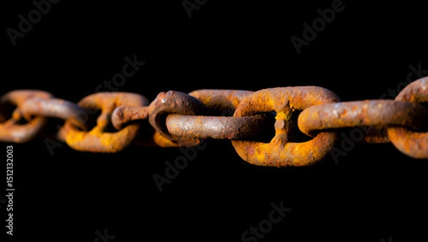 Fototapeta Rusty Chain Links with Chipped Paint and Flak,rusty, weathered chain, close-up, intricate texture, dark background, high contrast, detailed, cinematic lighting, gritty, raw, industrial, rugged, moody

