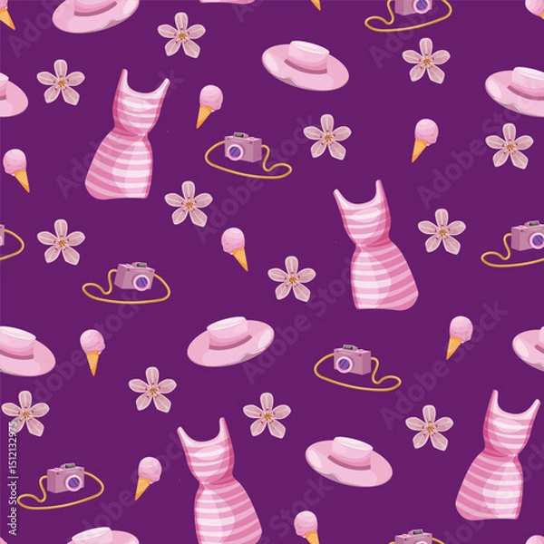 Fototapeta Bright summer vector seamless pattern with pink elements on a lilac background. Beach dress, women's hat, camera, ice cream cone and flower.