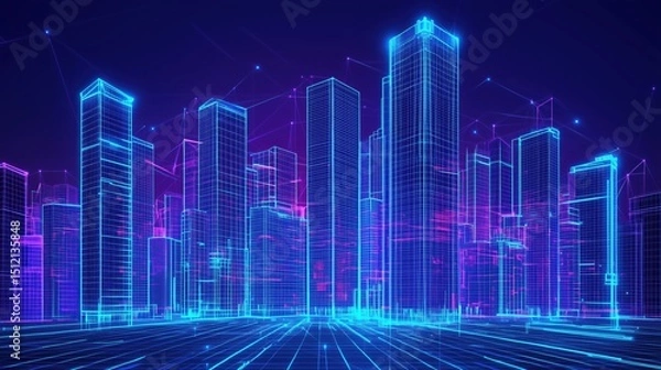 Fototapeta Futuristic cityscape design urban environment digital art neon lights aerial view technology concept