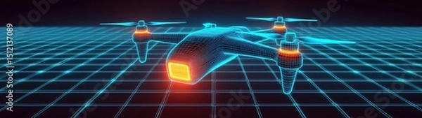 Fototapeta Drone technology revolution futuristic aerial machine virtual grid environment digital visualization high-tech concept
