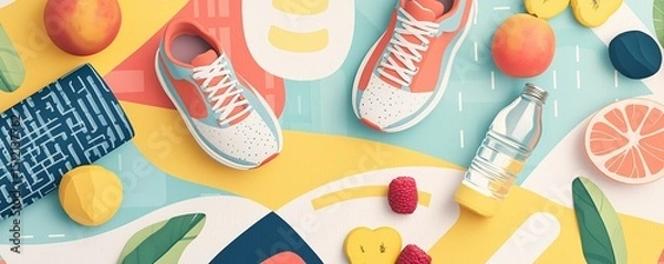 Fototapeta Running shoes and healthy snacks vibrant workspace lifestyle image colorful composition top view wellness concept