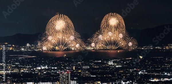 Obraz 日本で一番大きなびわ湖の花火大会。滋賀県大津市の琵琶湖周辺のパノラマ夜景。日本の夏祭りの花火。
