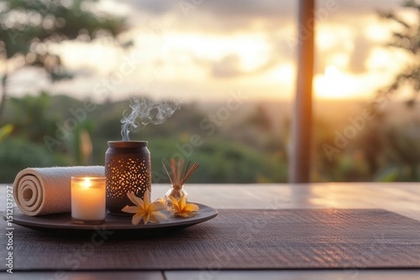Fototapeta A Tranquil Spa Setting with Scented Candles and Aromatic Diffuser at Sunset, Surrounded by Nature