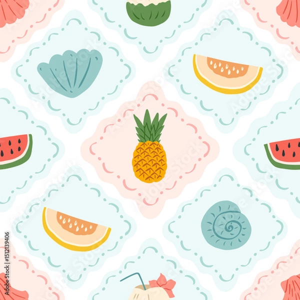 Fototapeta Cute summer seamless pattern with fruits. Hand drawn watermelon, pineapple, seashell, melon in frames. Summer vacation trendy print. Vector flat illustration.