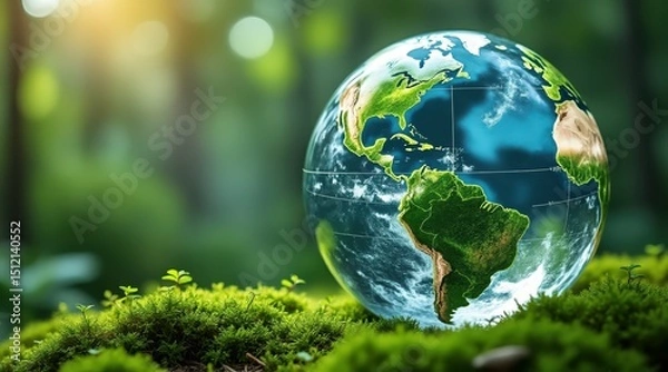 Fototapeta A crystal-clear globe of Earth sits on vibrant green moss in a sunlit forest, symbolizing nature and environmental conservation.