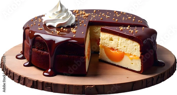 Obraz Delicious Sachertorte with a rich chocolate glaze and cream topping served on a rustic wooden platter