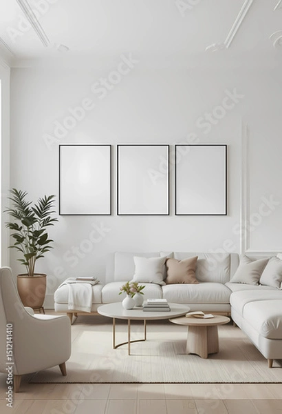 Obraz Minimalist living room with a white wall featuring five evenly spaced black frames, neutral-toned furniture, and a soft beige rug.