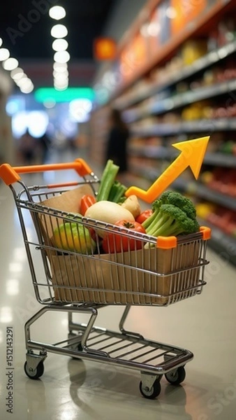 Fototapeta inflation Increase product sales growth, market or consumer price index concept shopping cart with food increase with arrow graph, vat, Economist forecast for the most countries.