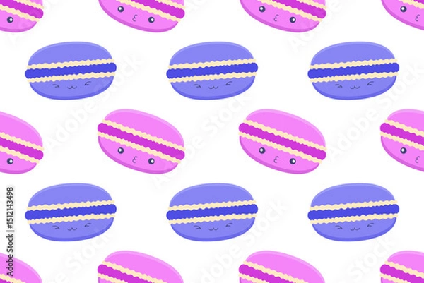 Fototapeta Seamless pattern of kawaii pink and purple macarons with cute faces on a transparent background. Ideal for digital design, stickers, and kids' themed products.

