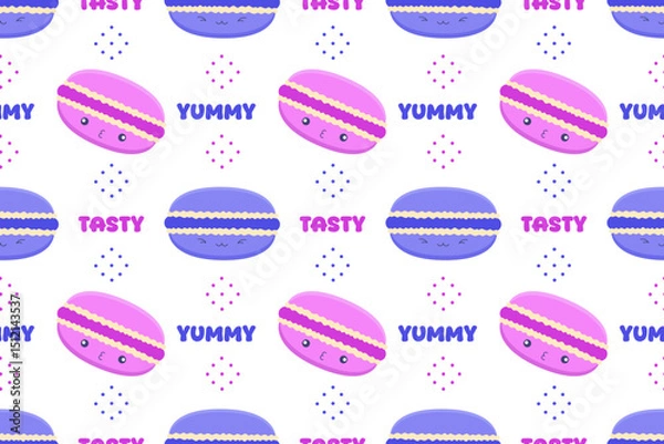 Fototapeta Seamless pattern with kawaii macarons, "yummy" and "tasty" text, and colorful dotted elements on transparent background. Perfect for packaging, kids’ products, fabrics, and stickers.

