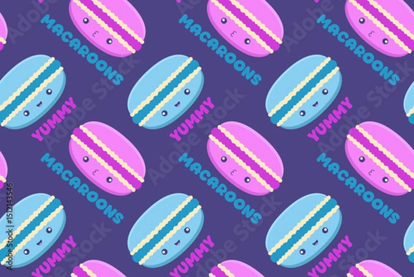 Fototapeta Dark seamless pattern with kawaii macarons and playful texts “YUMMY” and “MACAROONS”. Ideal for food prints, packaging, kids' products, or digital designs with a cute twist.

