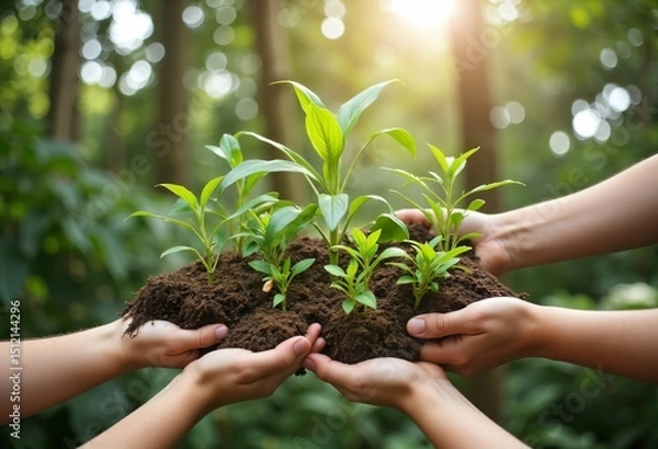 Fototapeta Many hands hold the soil with sprouts