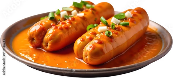Obraz Savory currywurst served on a plate in a bustling street food market during midday