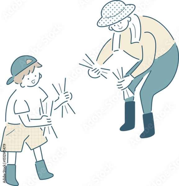 Obraz 田植えする親子のシンプルな線画のベクターイラスト