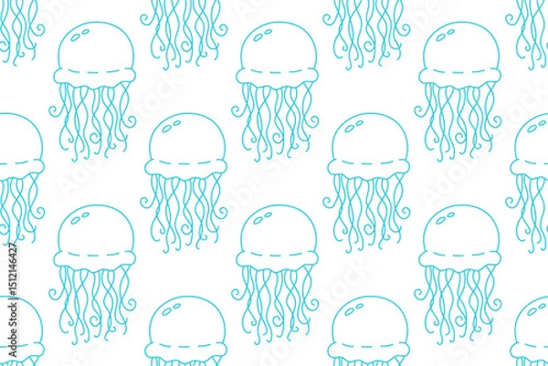 Fototapeta Seamless pattern with turquoise jellyfish in cute line style. Perfect for ocean-themed designs, kids' fabrics, wrapping paper, and summer decorations.

