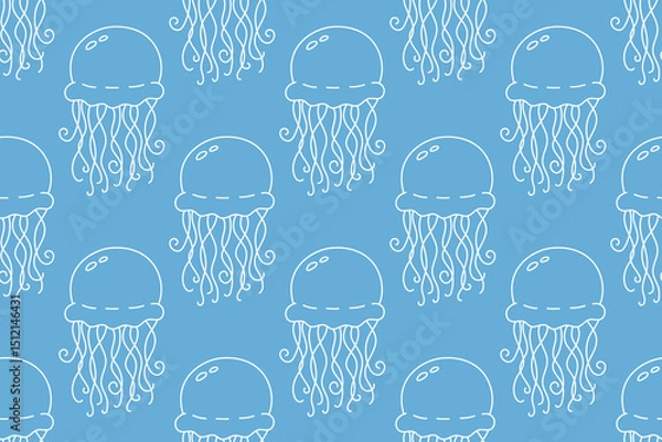 Fototapeta Seamless ocean-themed pattern with cute white jellyfish on blue background. Ideal for kids’ textiles, summer wrapping paper, and marine surface designs.

