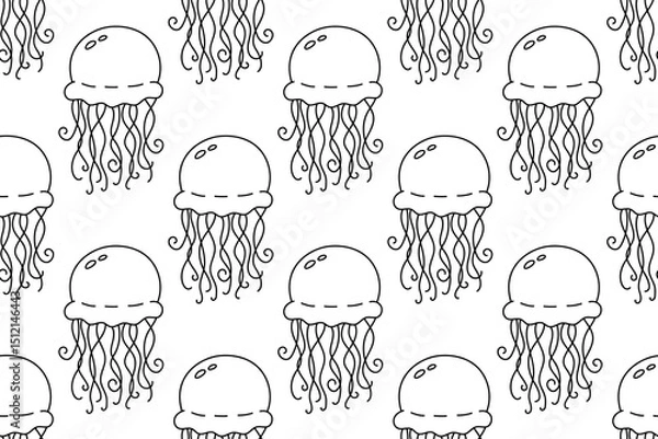 Fototapeta Seamless jellyfish pattern in line art style with transparent background. Cute marine design ideal for kids fabrics, ocean themes, and playful summer prints.

