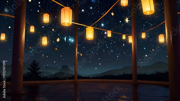 Fototapeta Christmas lights illuminate the city, with a glowing Christmas tree under a starry winter night sky