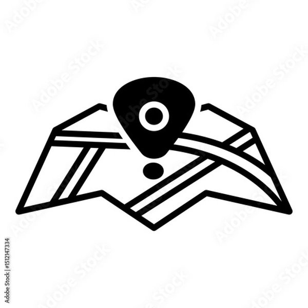 Fototapeta Solid pin icon placed on an open map illustration, representing a selected location in map navigation tools.