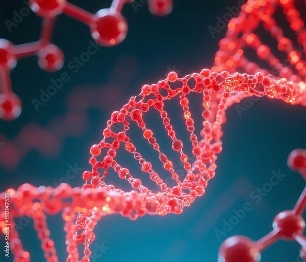 Fototapeta Generative ai image of DNA sequences and molecules with red glowing effect