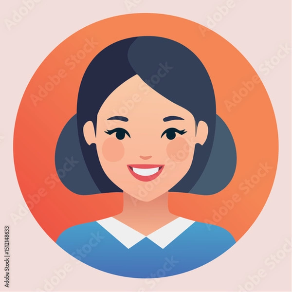 Fototapeta A vibrant, front-facing female avatar in vector style with clean lines, cheerful expression, simple hair, and vivid colors. Ideal for UI, apps, profiles, or professional use.