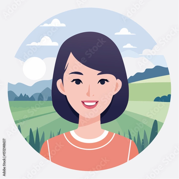 Fototapeta A vibrant, front-facing female avatar in vector style with clean lines, cheerful expression, simple hair, and vivid colors. Ideal for UI, apps, profiles, or professional use.