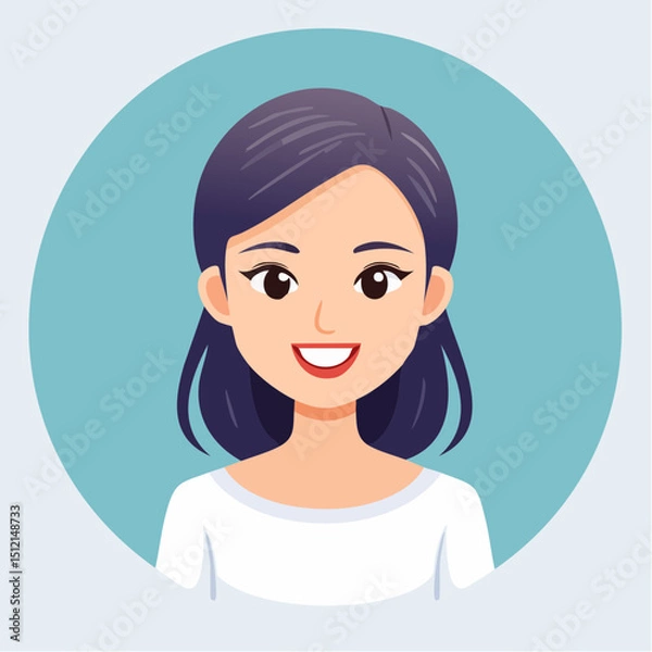 Fototapeta A vibrant, front-facing female avatar in vector style with clean lines, cheerful expression, simple hair, and vivid colors. Ideal for UI, apps, profiles, or professional use.