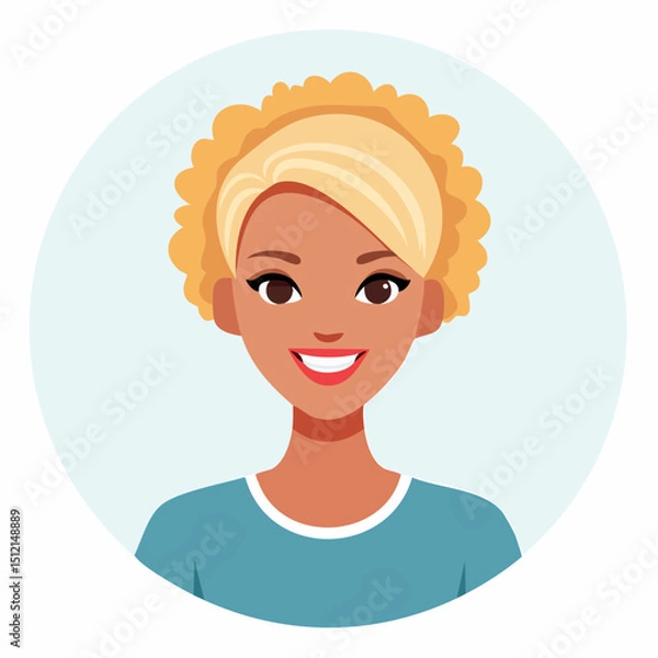 Fototapeta A vibrant, front-facing female avatar in vector style with clean lines, cheerful expression, simple hair, and vivid colors. Ideal for UI, apps, profiles, or professional use.