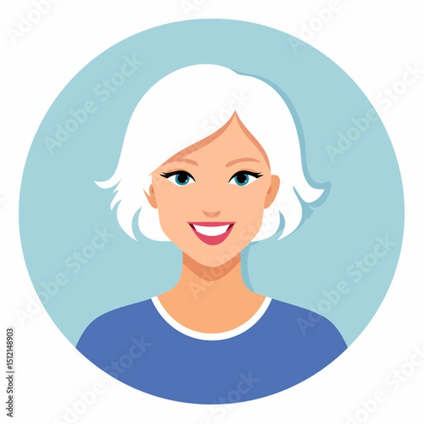 Fototapeta A vibrant, front-facing female avatar in vector style with clean lines, cheerful expression, simple hair, and vivid colors. Ideal for UI, apps, profiles, or professional use.