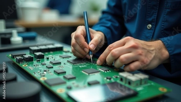 Fototapeta Technician skillfully works on a circuit board with precision tools, highlighting advanced technology and electronics assembly