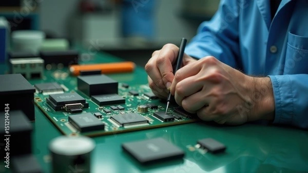 Fototapeta Technician skillfully works on a circuit board with precision tools, highlighting advanced technology and electronics assembly