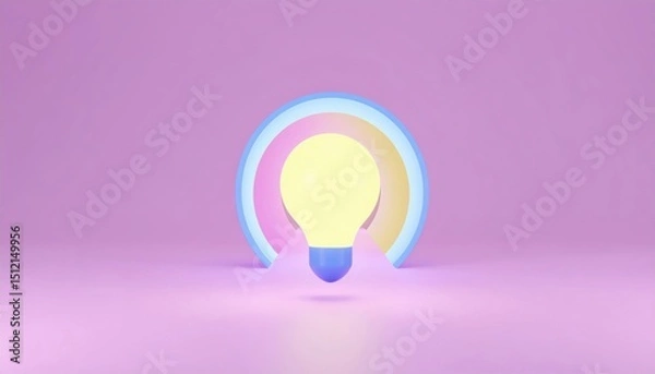 Fototapeta A glowing light bulb with colorful rings stands on a pastel purple background, symbolizing creativity and innovation.