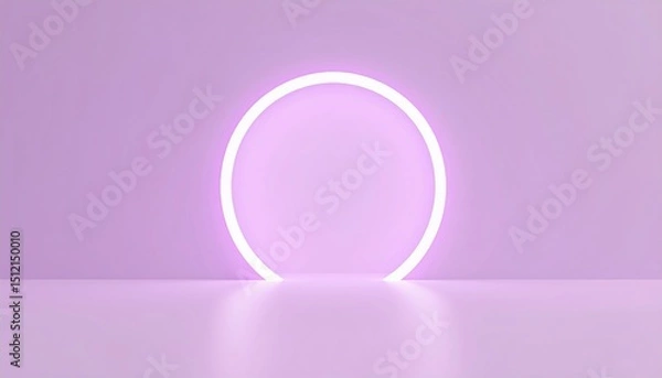 Fototapeta A glowing neon circle stands on a smooth, pastel purple surface with a minimalistic background.