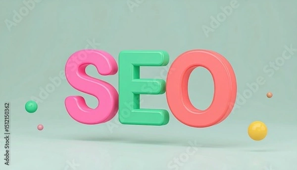 Fototapeta Colorful 3D letters spelling "SEO" with floating spheres on a light green background.