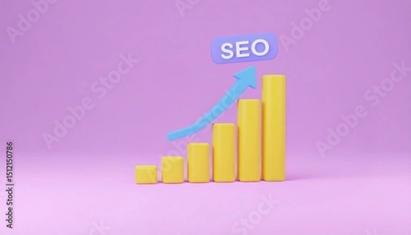 Fototapeta Yellow bar graph with an upward arrow and "SEO" text on a purple background, representing search engine optimization growth.