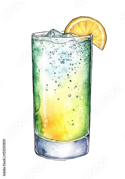 Fototapeta Colorful layered cocktail with ice cubes and lemon slice in a highball glass. Watercolor illustration isolated on transparent background. Gin fizz. Refreshing drink and summer cocktail concept