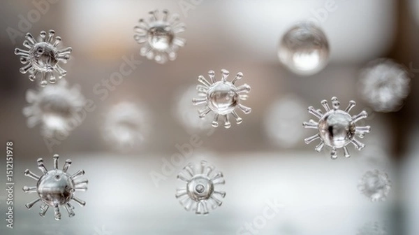 Fototapeta Group of virus cells floating in air, microscopic view of coronavirus causing pandemic