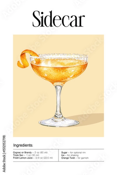 Fototapeta Sidecar cocktail with orange twist garnish and sugar rim in coupe glass. Watercolor illustration of classic cognac and citrus drink on beige background. V