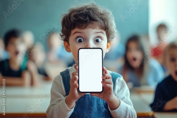 Fototapeta Shocked child holding smartphone mockup with glow in school setting