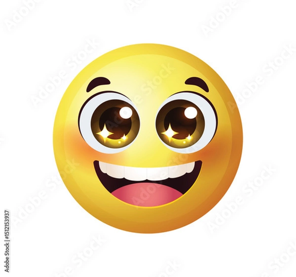 Fototapeta Sparkle eye emoji icon. Yellow face emoticon with sparkling eyes vector illustration isolated.